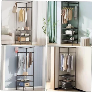 Corner Clothes Hanger with Three Multifunctional Fabric Storage Shelves