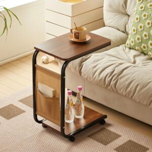 C-shaped mobile side table with a wood-grain top and bottom shelf
